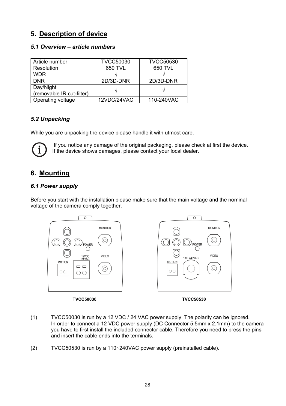 Description of device, Mounting | ABUS TVCC50030 User Manual | Page 28 / 102
