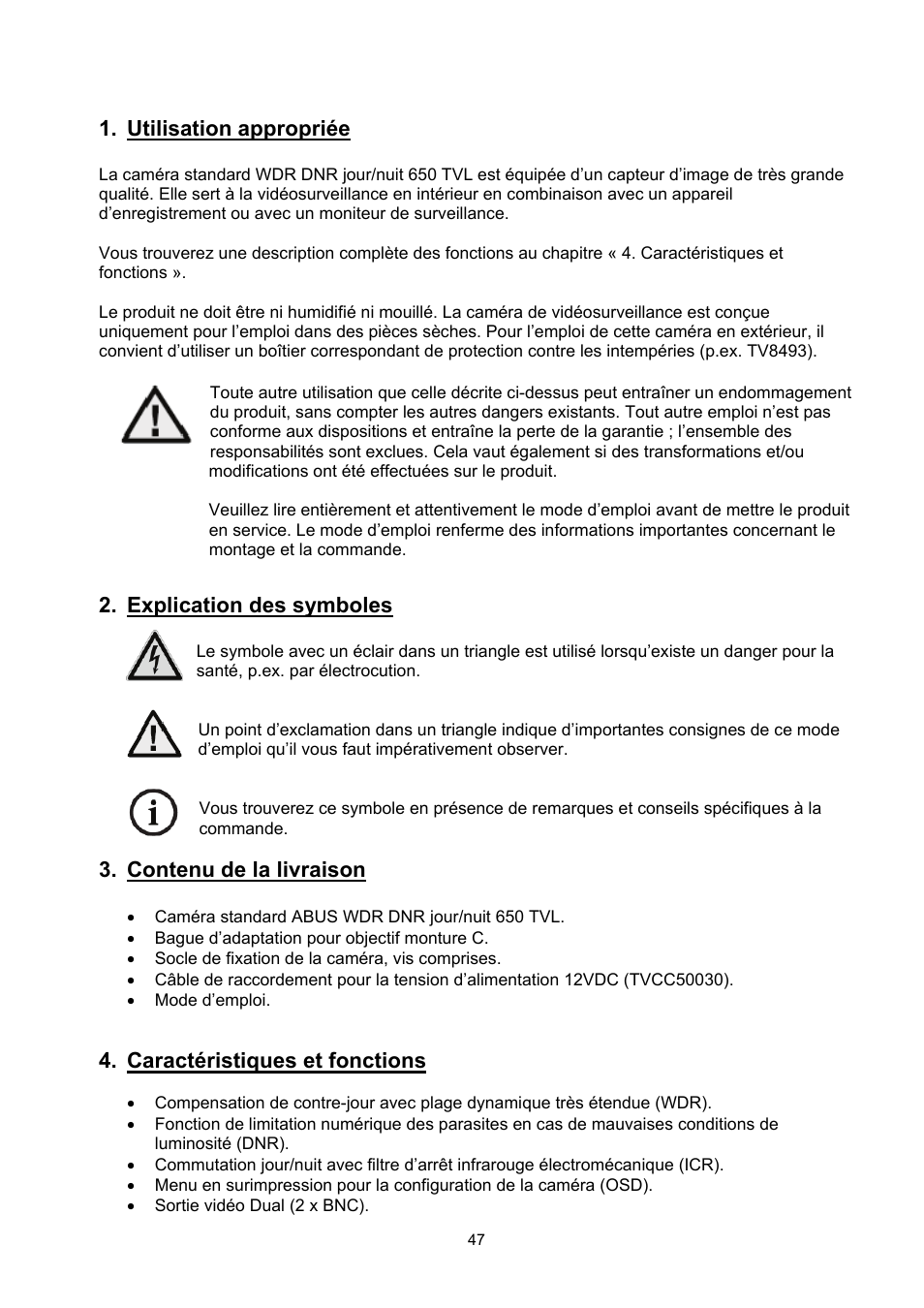 Utilisation appropriée, Explication des symboles, Contenu de la livraison | Caractéristiques et fonctions | ABUS TVCC50030 User Manual | Page 47 / 102