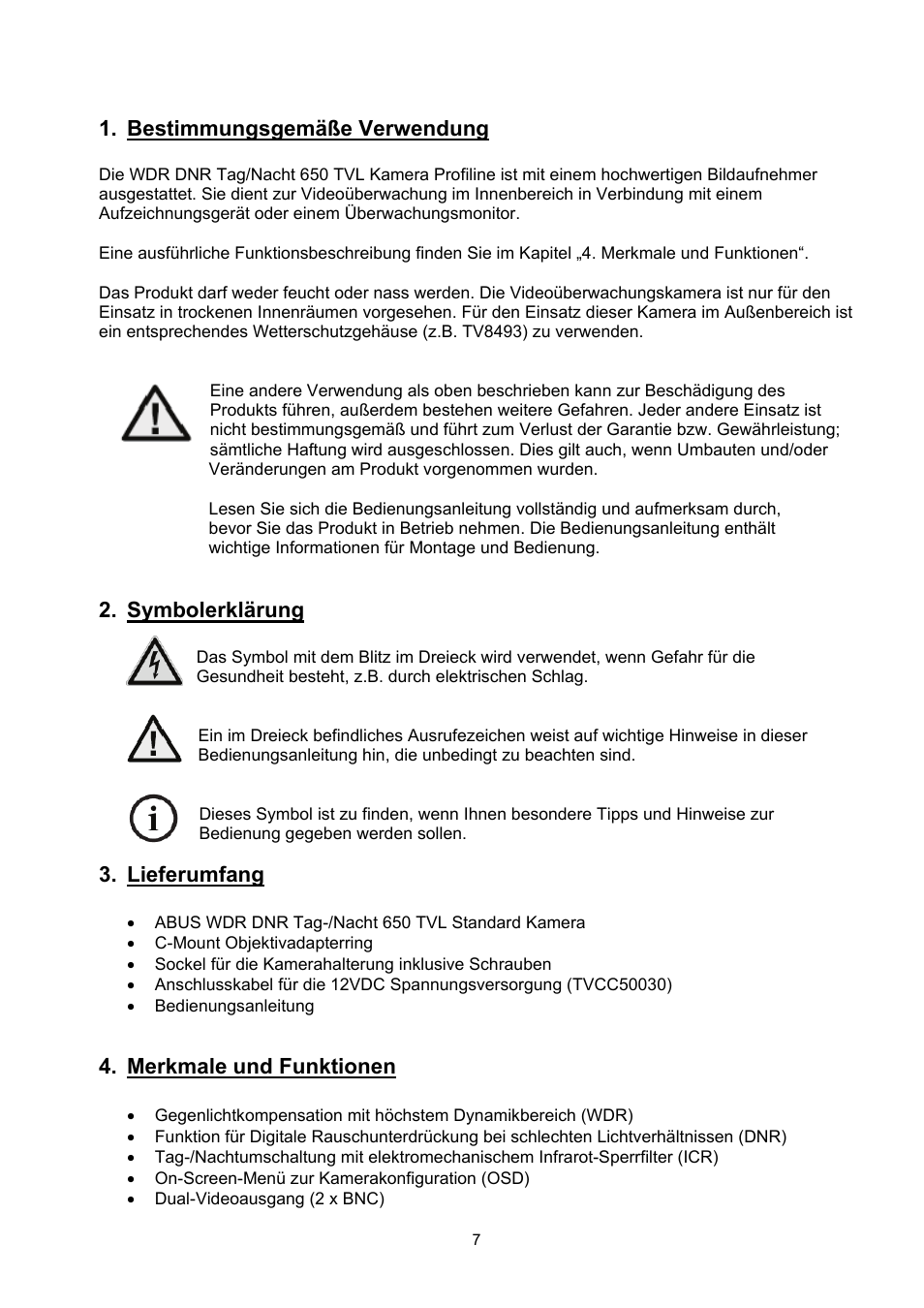 Bestimmungsgemäße verwendung, Symbolerklärung, Lieferumfang | Merkmale und funktionen | ABUS TVCC50030 User Manual | Page 7 / 102