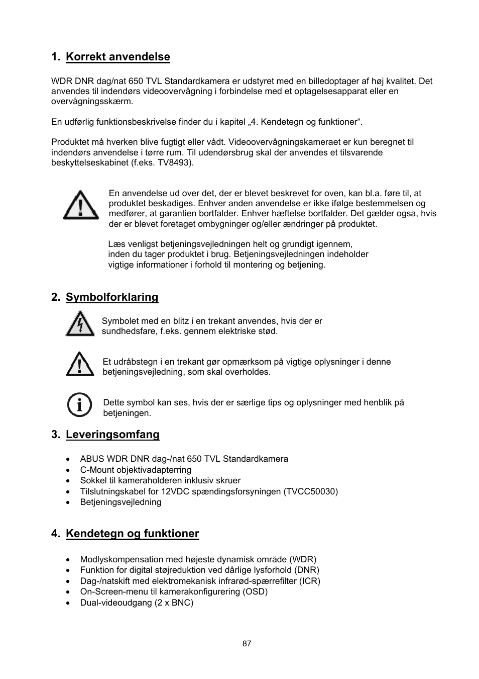Korrekt anvendelse, Symbolforklaring, Leveringsomfang | Kendetegn og funktioner | ABUS TVCC50030 User Manual | Page 87 / 102
