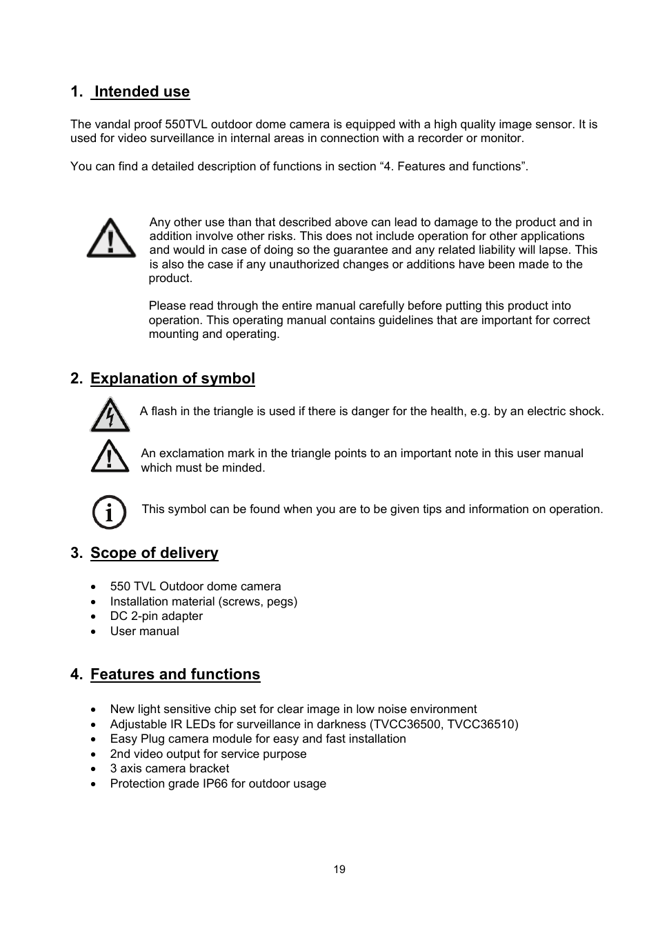Intended use, Explanation of symbol, Scope of delivery | Features and functions | ABUS TVCC36510 User Manual | Page 19 / 62
