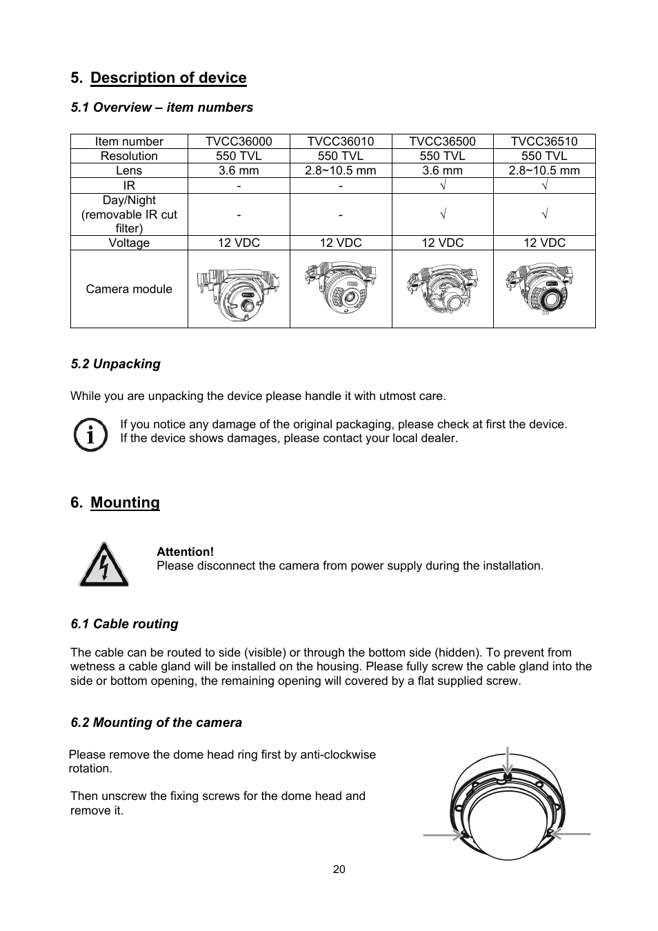 Description of device, Mounting | ABUS TVCC36510 User Manual | Page 20 / 62