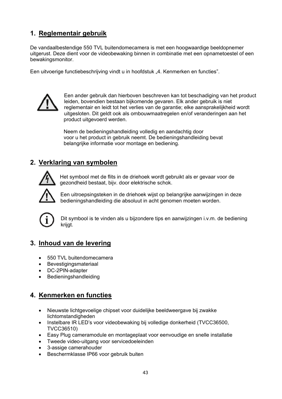 Reglementair gebruik, Verklaring van symbolen, Inhoud van de levering | Kenmerken en functies | ABUS TVCC36510 User Manual | Page 43 / 62