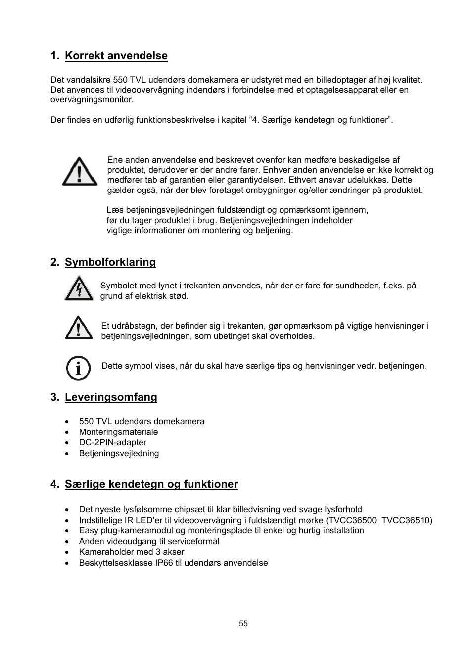 Korrekt anvendelse, Symbolforklaring, Leveringsomfang | Særlige kendetegn og funktioner | ABUS TVCC36510 User Manual | Page 55 / 62