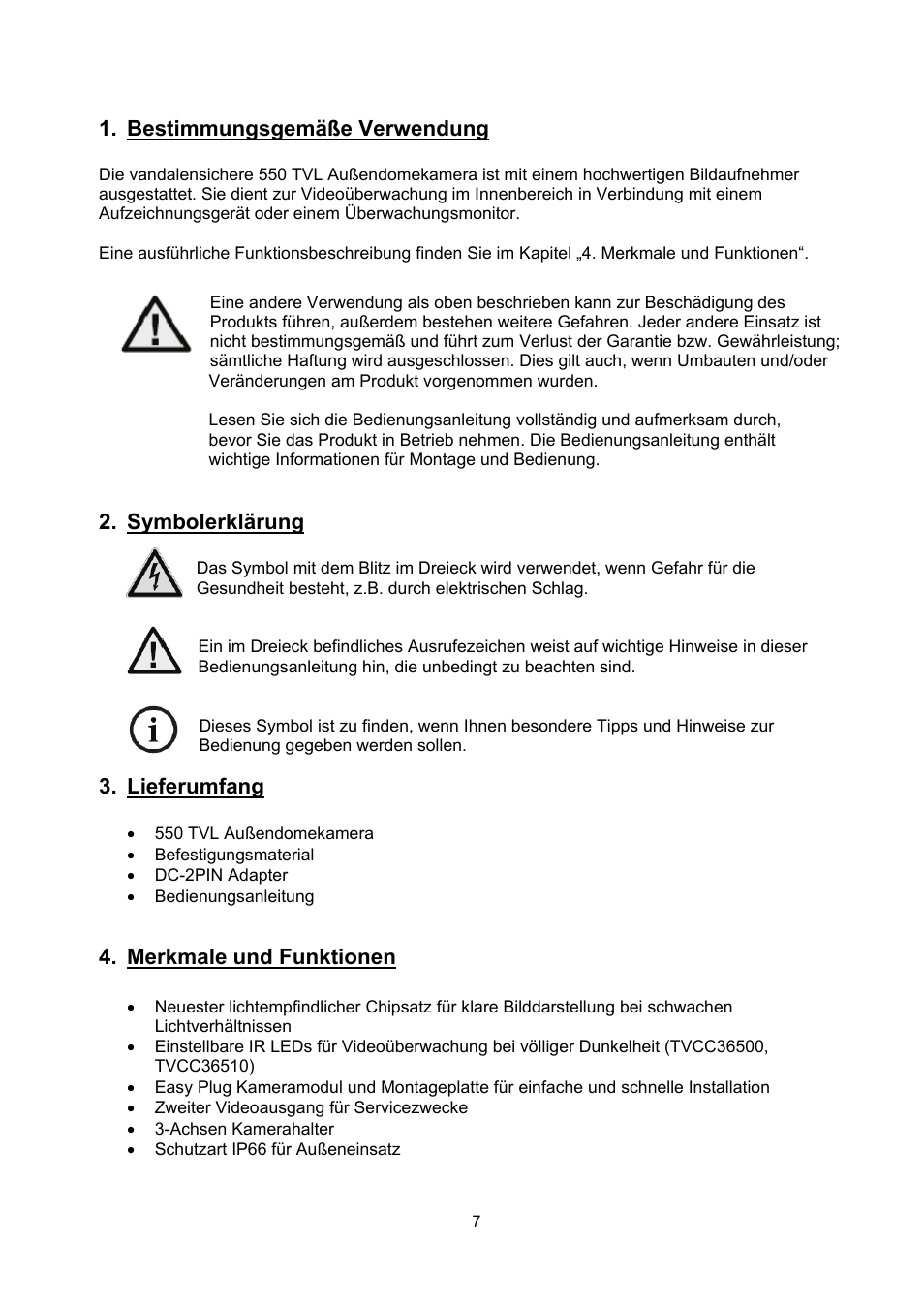 Bestimmungsgemäße verwendung, Symbolerklärung, Lieferumfang | Merkmale und funktionen | ABUS TVCC36510 User Manual | Page 7 / 62