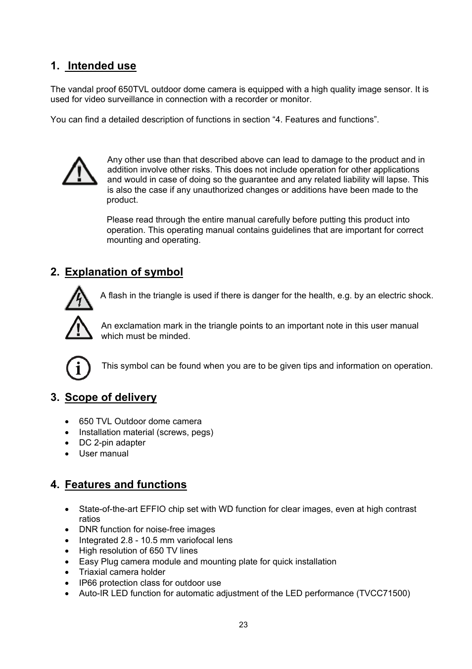 Intended use, Explanation of symbol, Scope of delivery | Features and functions | ABUS TVCC71000 User Manual | Page 23 / 82