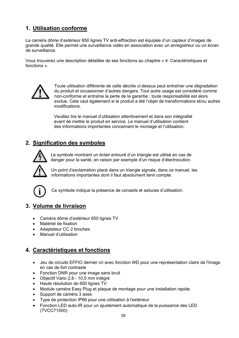 Utilisation conforme, Signification des symboles, Volume de livraison | Caractéristiques et fonctions | ABUS TVCC71000 User Manual | Page 39 / 82