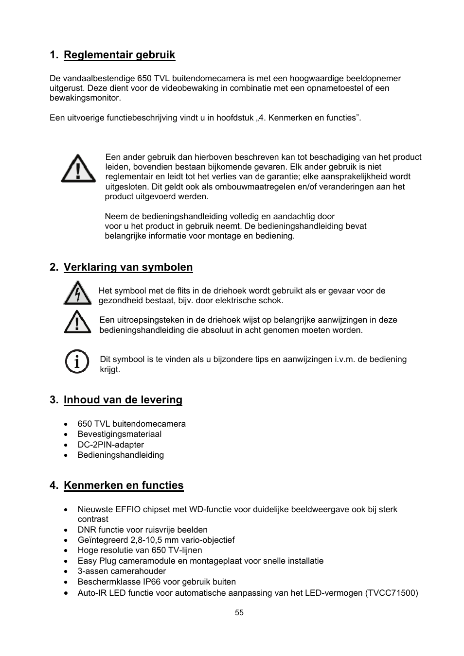 Reglementair gebruik, Verklaring van symbolen, Inhoud van de levering | Kenmerken en functies | ABUS TVCC71000 User Manual | Page 55 / 82