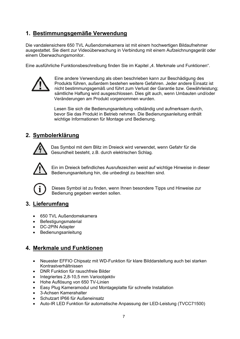 Bestimmungsgemäße verwendung, Symbolerklärung, Lieferumfang | Merkmale und funktionen | ABUS TVCC71000 User Manual | Page 7 / 82