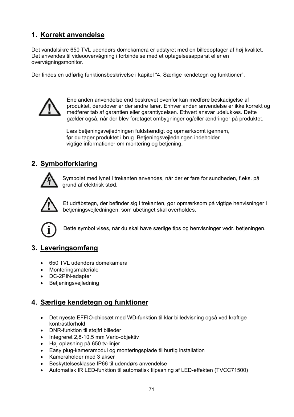 Korrekt anvendelse, Symbolforklaring, Leveringsomfang | Særlige kendetegn og funktioner | ABUS TVCC71000 User Manual | Page 71 / 82