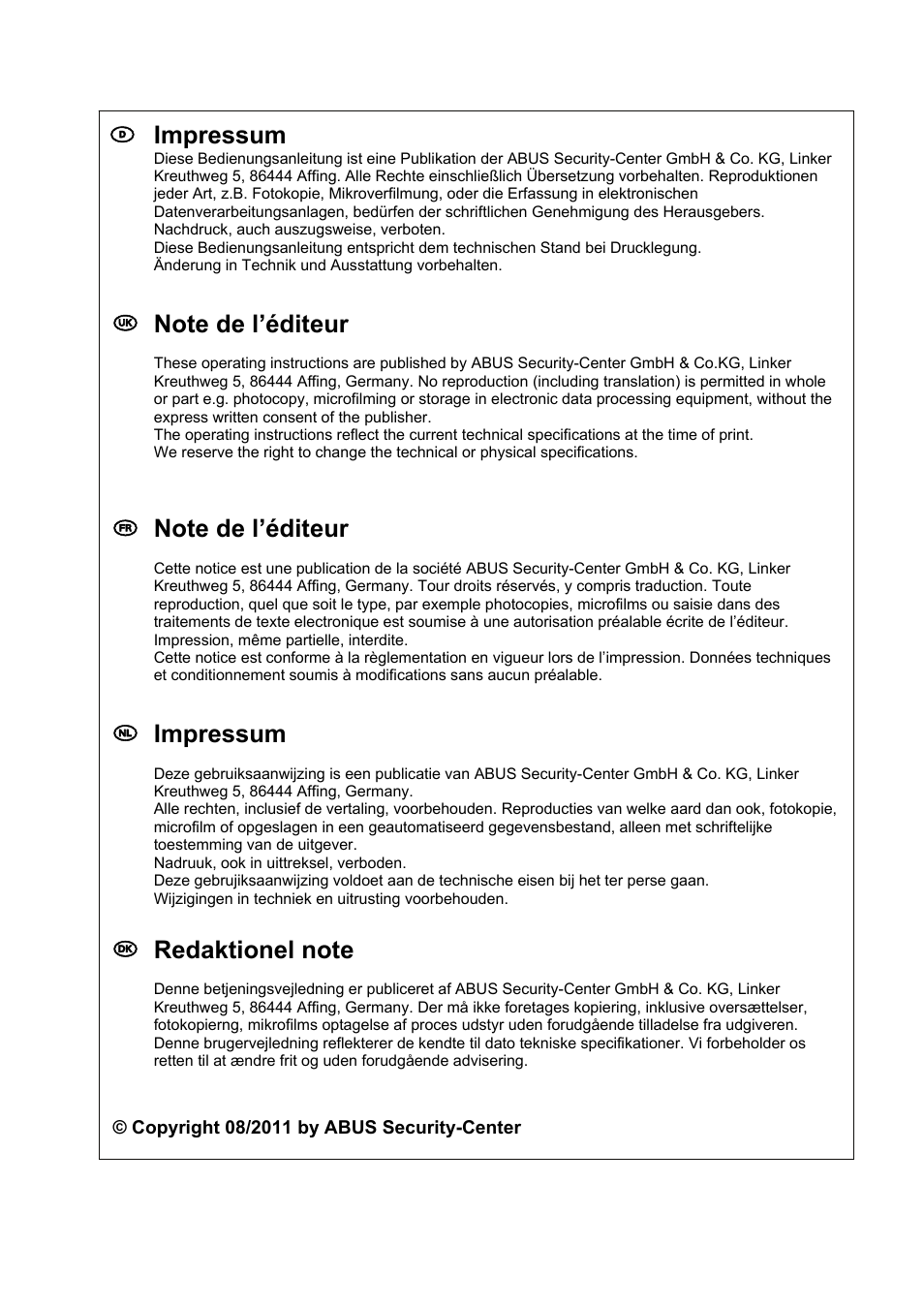 D impressum, Nl impressum | ABUS TVCC71000 User Manual | Page 82 / 82