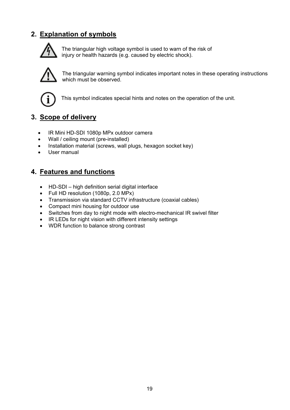 Explanation of symbols, Scope of delivery, Features and functions | ABUS TVHD40000 User Manual | Page 19 / 74