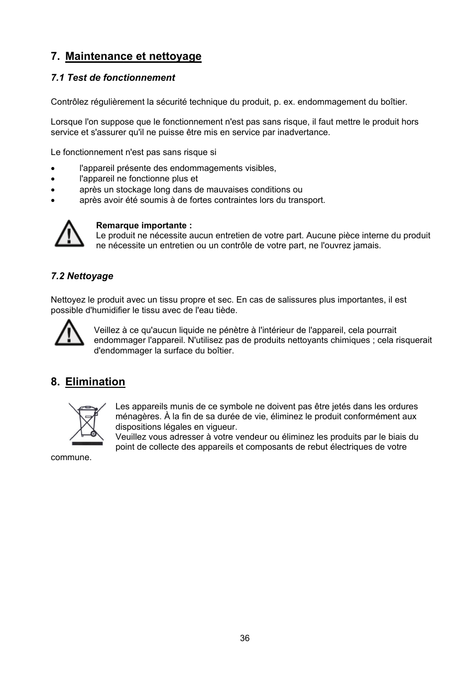 Maintenance et nettoyage, Elimination | ABUS TVHD40000 User Manual | Page 36 / 74