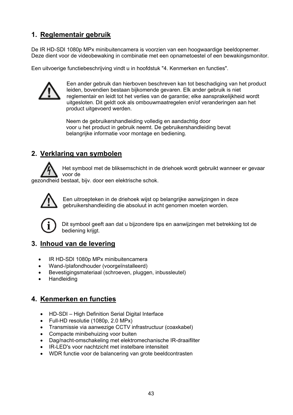 Reglementair gebruik, Verklaring van symbolen, Inhoud van de levering | Kenmerken en functies | ABUS TVHD40000 User Manual | Page 43 / 74