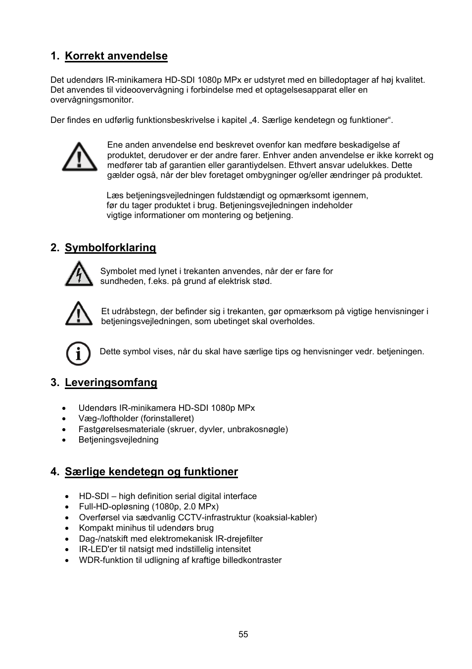 Korrekt anvendelse, Symbolforklaring, Leveringsomfang | Særlige kendetegn og funktioner | ABUS TVHD40000 User Manual | Page 55 / 74