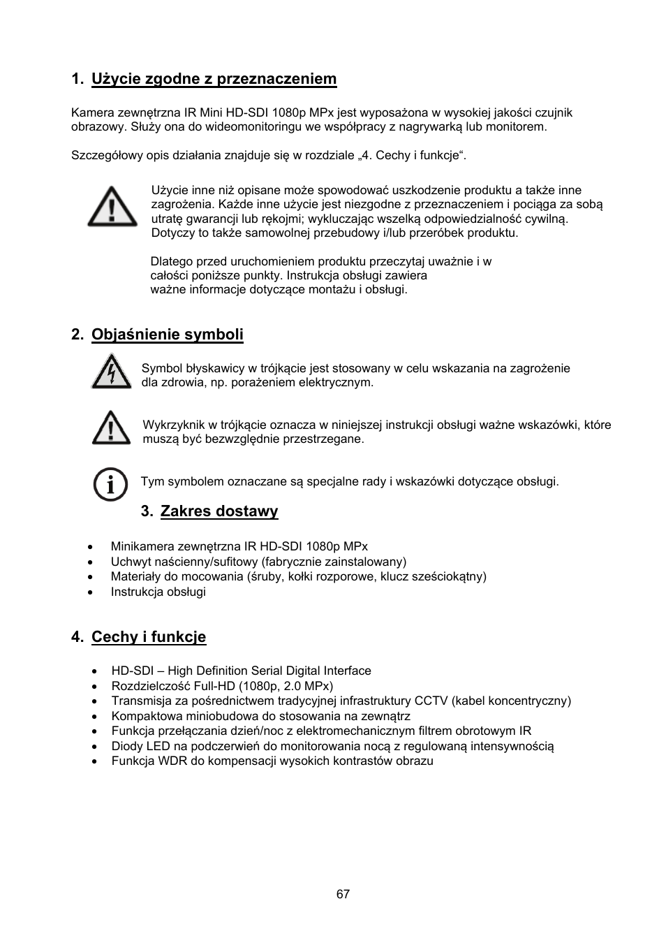 Użycie zgodne z przeznaczeniem, Objaśnienie symboli, Zakres dostawy | Cechy i funkcje | ABUS TVHD40000 User Manual | Page 67 / 74