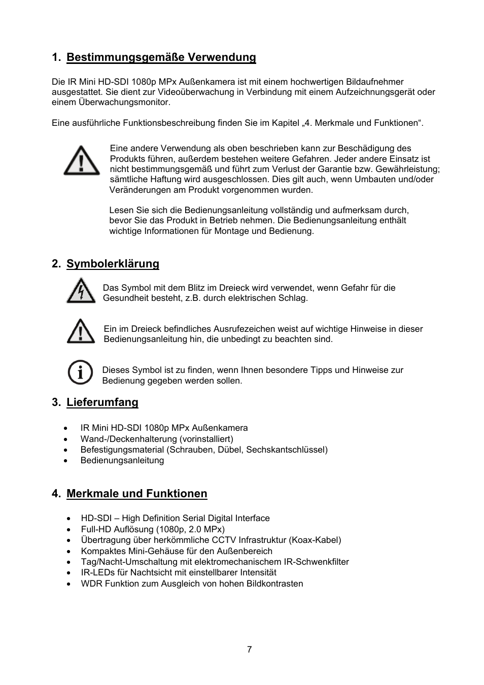 Bestimmungsgemäße verwendung, Symbolerklärung, Lieferumfang | Merkmale und funktionen | ABUS TVHD40000 User Manual | Page 7 / 74