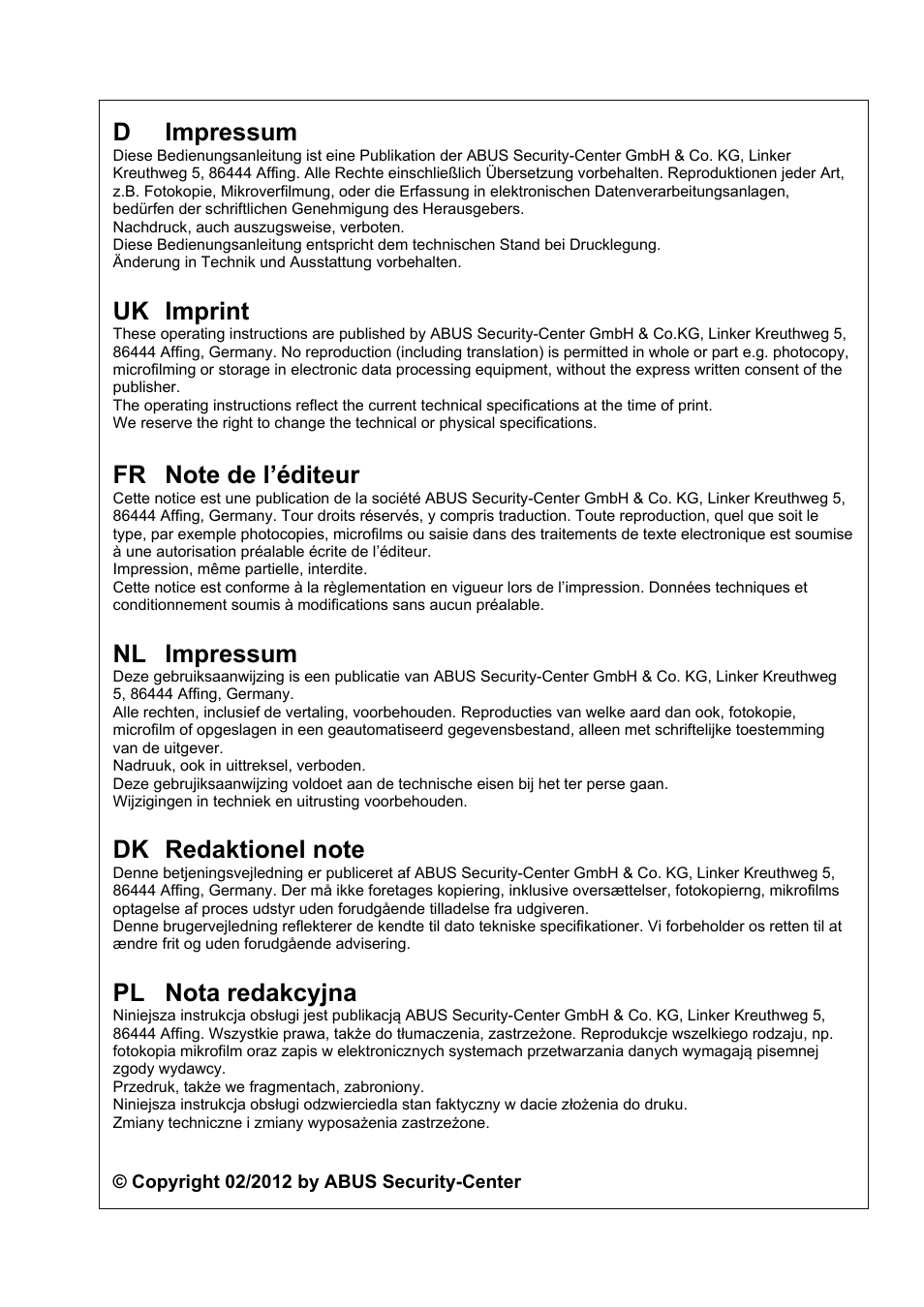 D impressum, Uk imprint, Nl impressum | Pl nota redakcyjna | ABUS TVHD40000 User Manual | Page 74 / 74