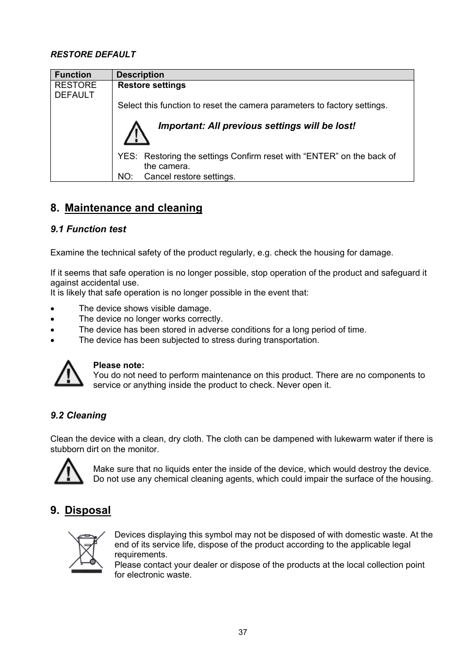 Maintenance and cleaning, Disposal | ABUS TVHD60010 User Manual | Page 37 / 111