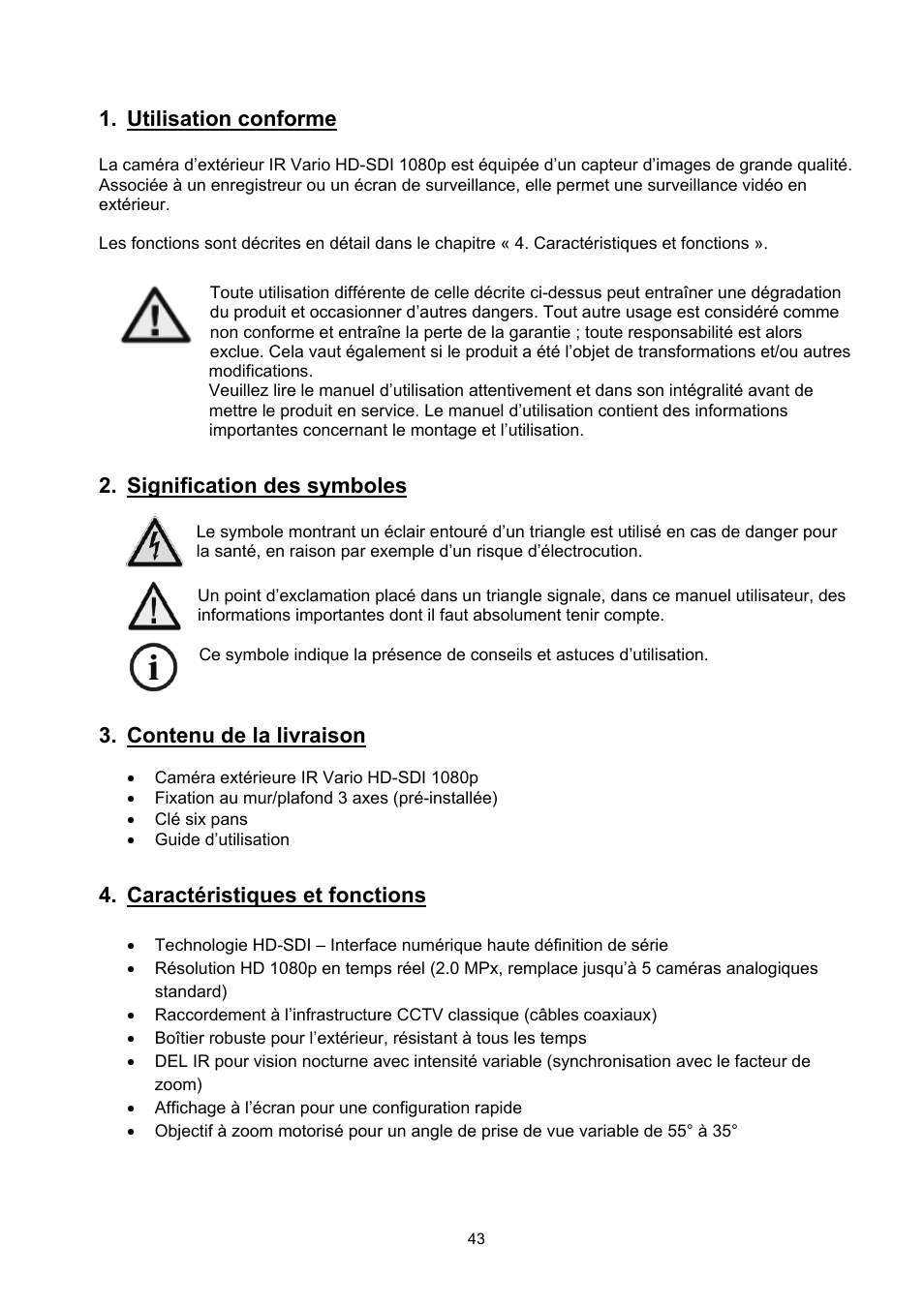 Utilisation conforme, Signification des symboles, Contenu de la livraison | Caractéristiques et fonctions | ABUS TVHD60010 User Manual | Page 43 / 111