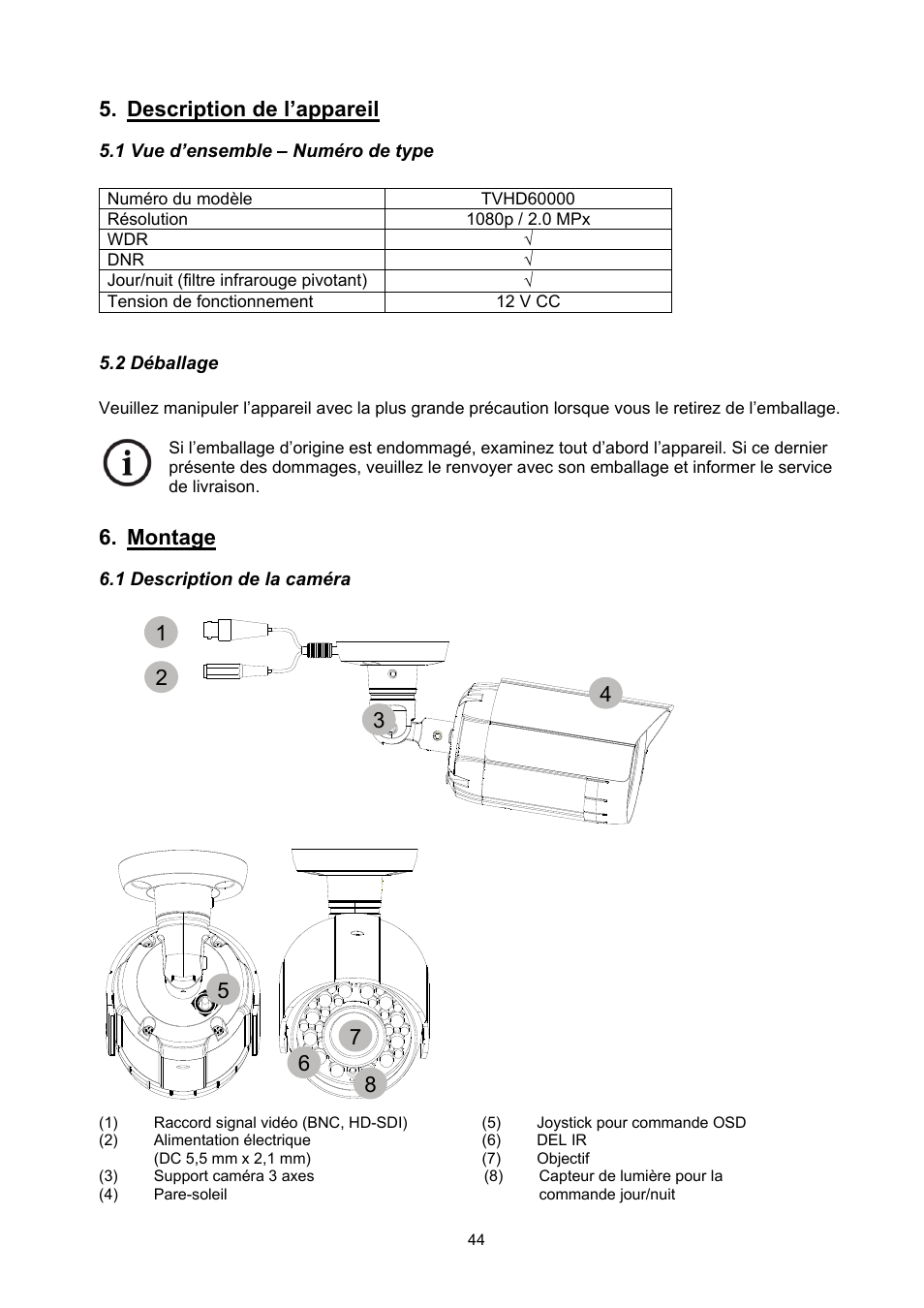 Description de l’appareil, Montage | ABUS TVHD60010 User Manual | Page 44 / 111