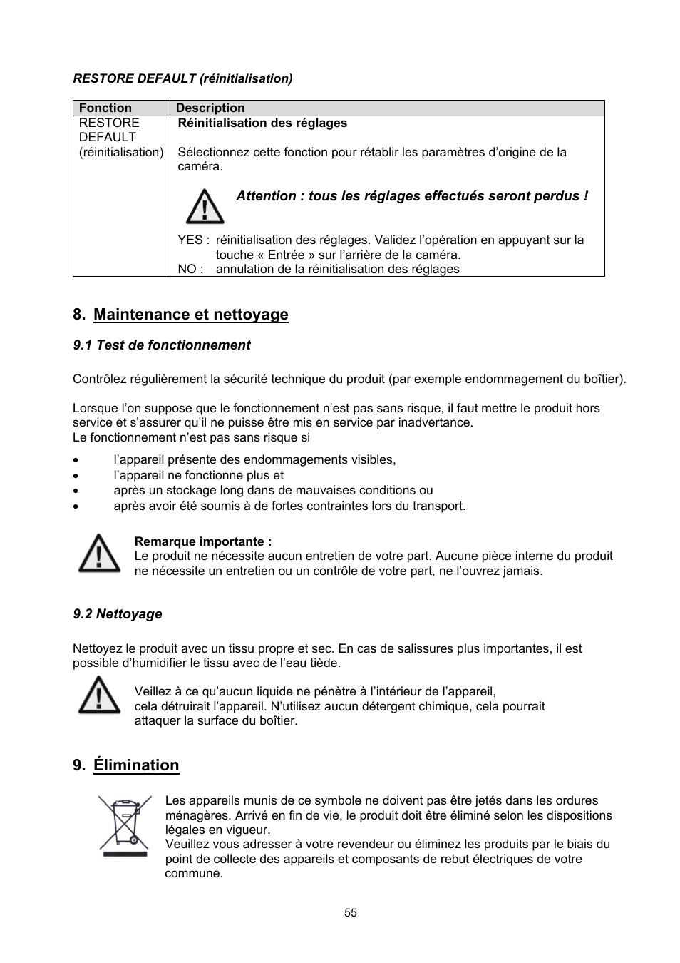 Maintenance et nettoyage, Élimination | ABUS TVHD60010 User Manual | Page 55 / 111