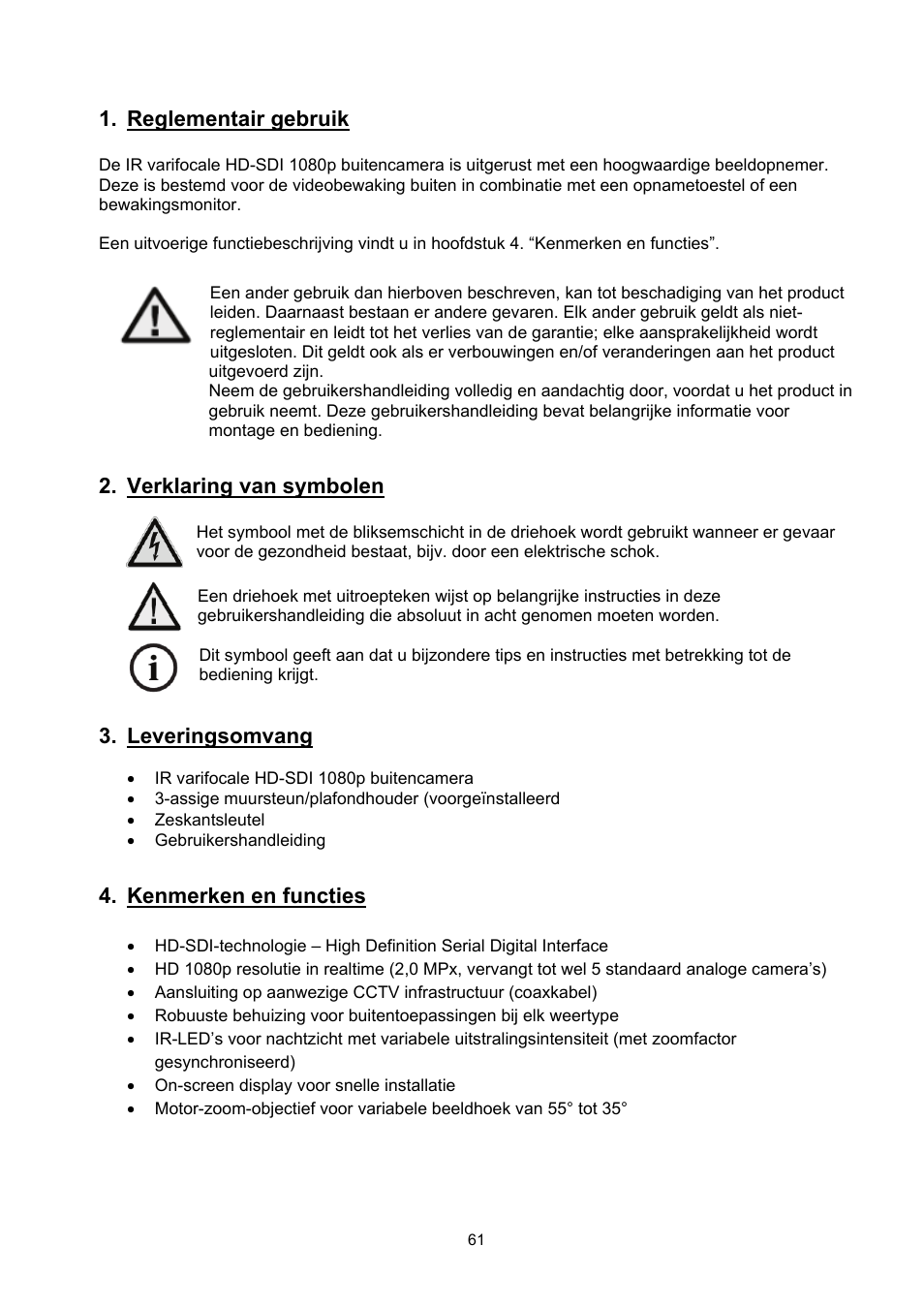 Reglementair gebruik, Verklaring van symbolen, Leveringsomvang | Kenmerken en functies | ABUS TVHD60010 User Manual | Page 61 / 111