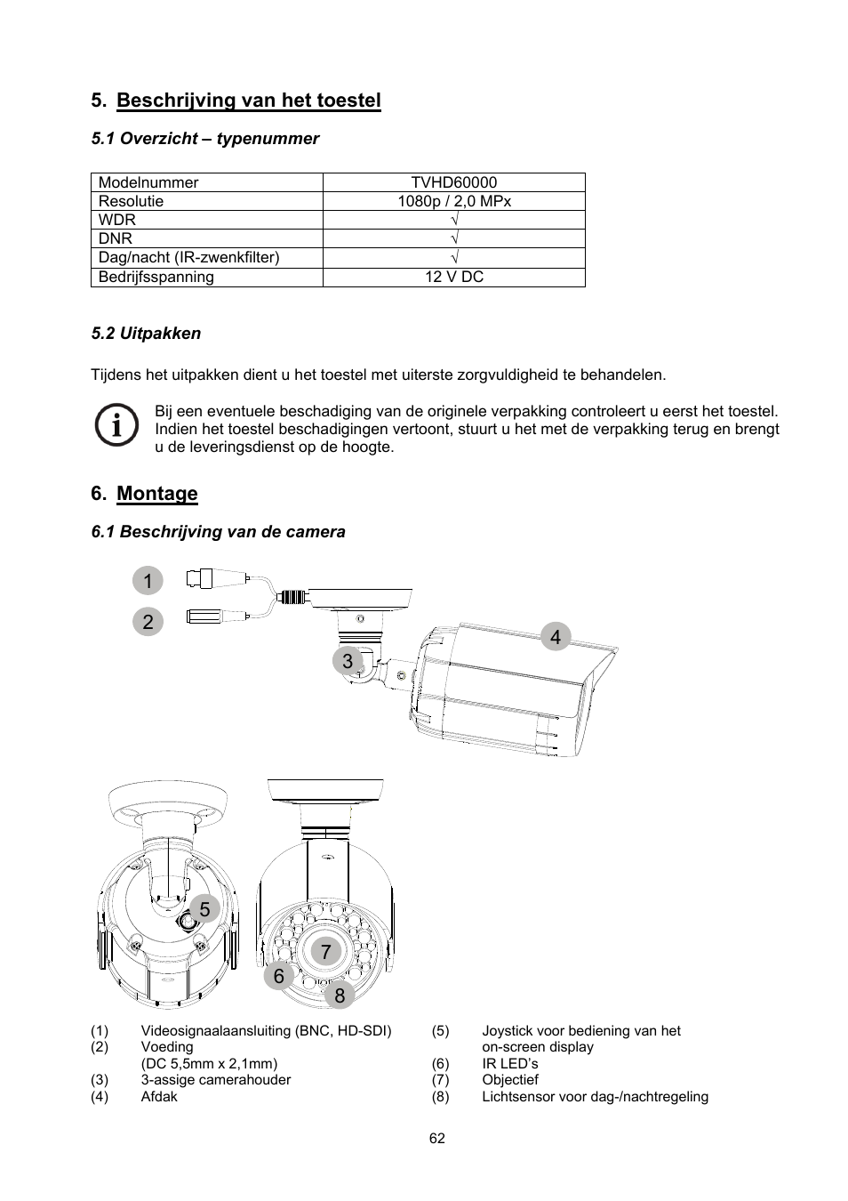 Beschrijving van het toestel, Montage | ABUS TVHD60010 User Manual | Page 62 / 111