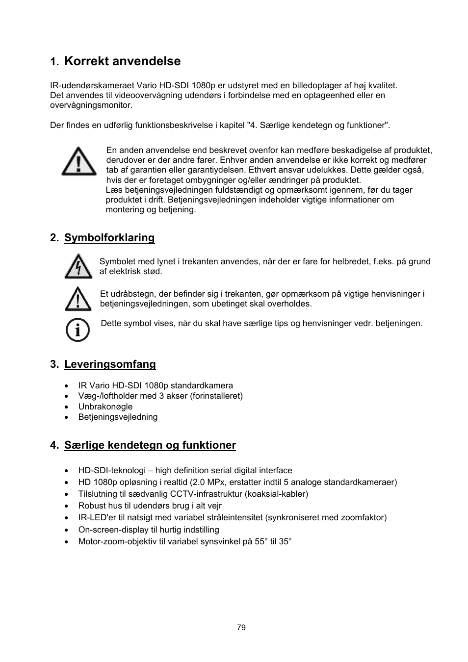 Korrekt anvendelse, Symbolforklaring, Leveringsomfang | Særlige kendetegn og funktioner | ABUS TVHD60010 User Manual | Page 79 / 111