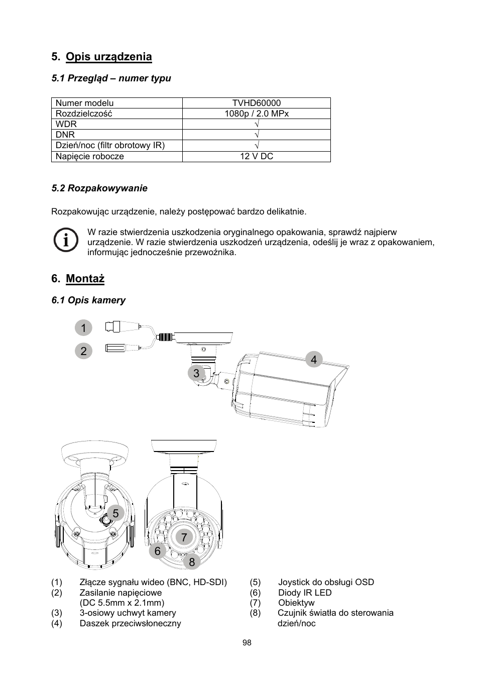 Opis urządzenia, Montaż | ABUS TVHD60010 User Manual | Page 98 / 111