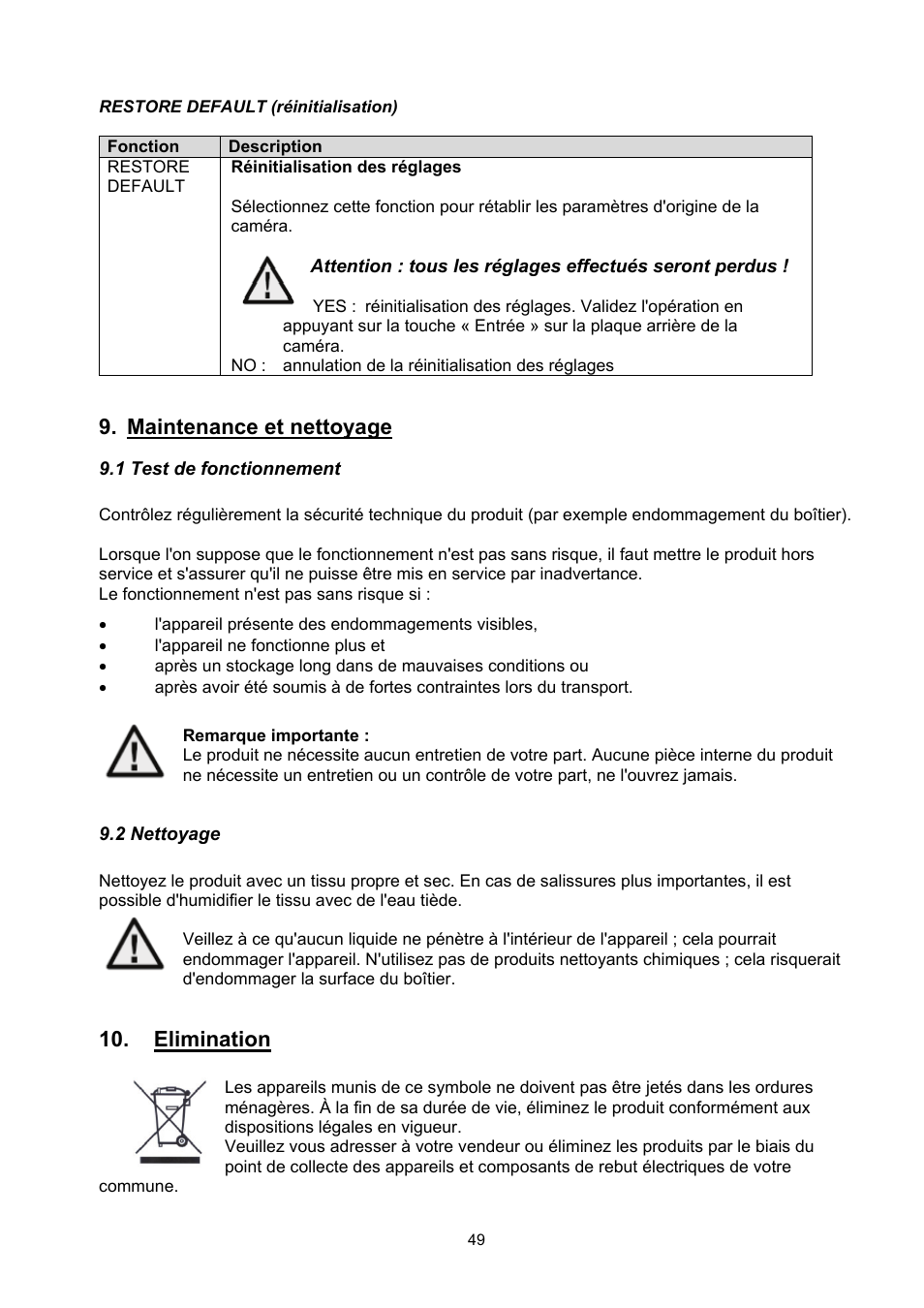 Maintenance et nettoyage, Elimination | ABUS TVHD50000 User Manual | Page 49 / 100