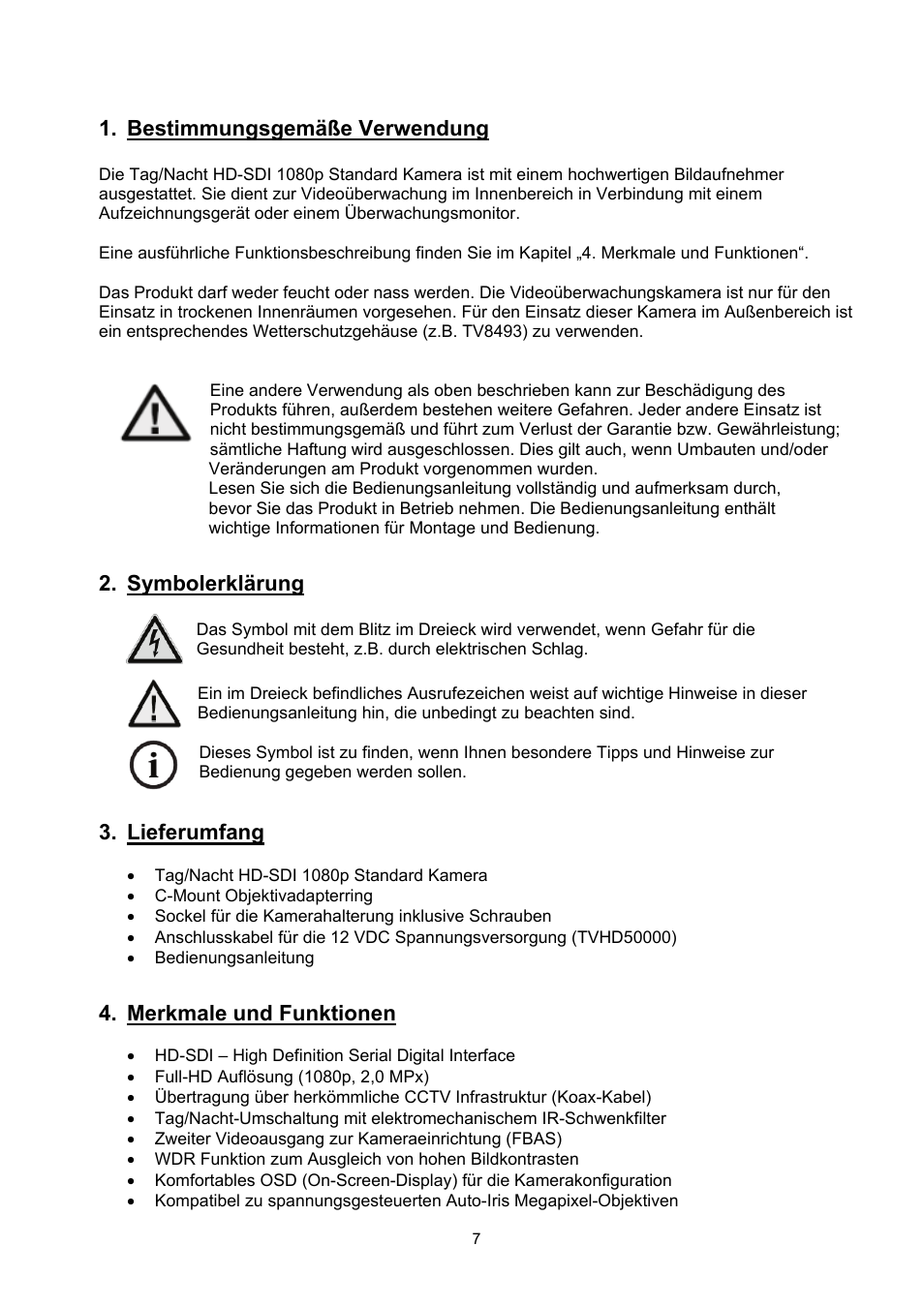 Bestimmungsgemäße verwendung, Symbolerklärung, Lieferumfang | Merkmale und funktionen | ABUS TVHD50000 User Manual | Page 7 / 100