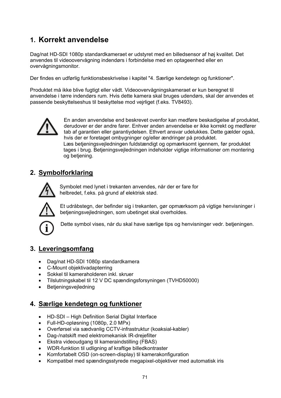 Korrekt anvendelse, Symbolforklaring, Leveringsomfang | Særlige kendetegn og funktioner | ABUS TVHD50000 User Manual | Page 71 / 100