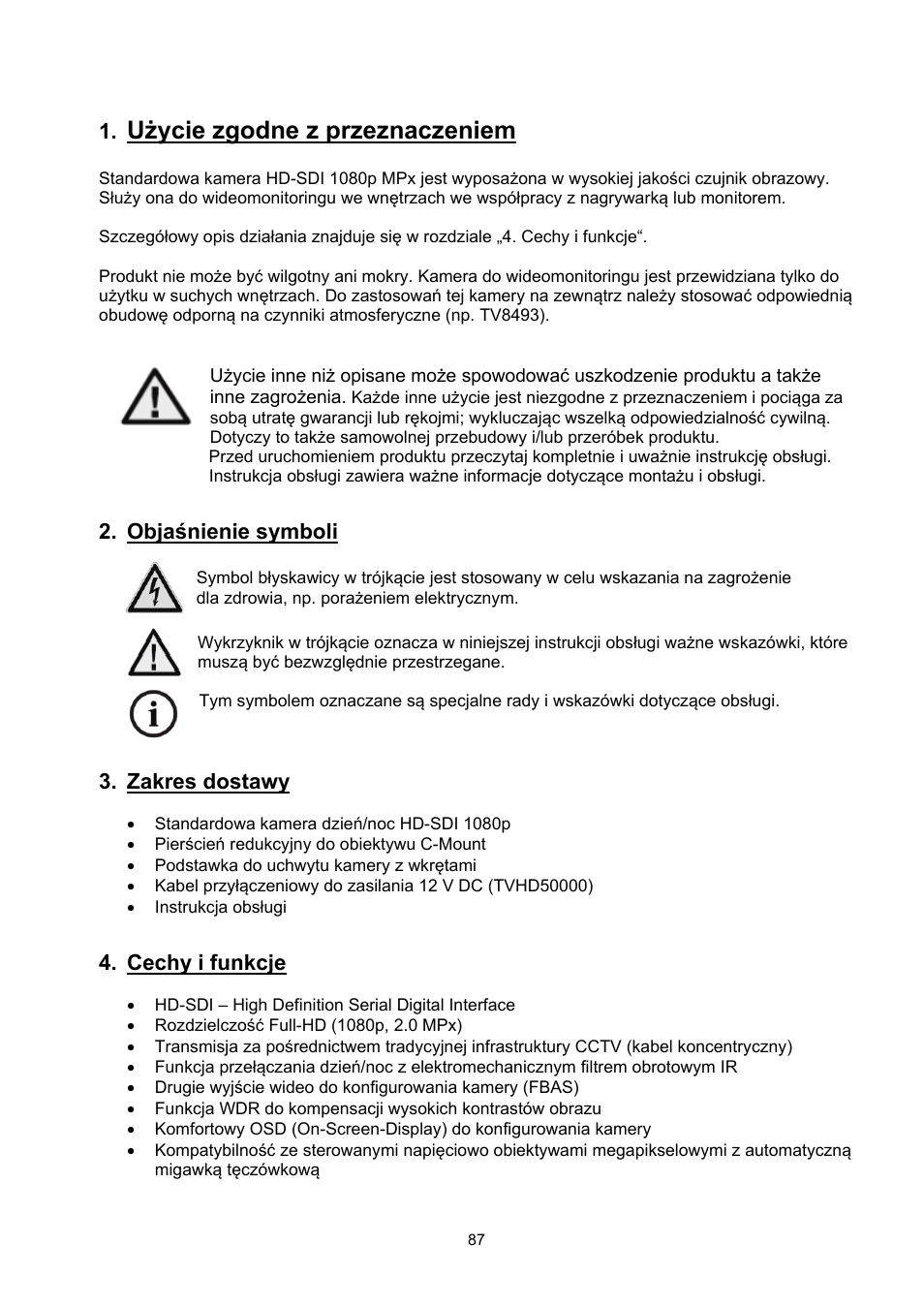 Użycie zgodne z przeznaczeniem, Objaśnienie symboli, Zakres dostawy | Cechy i funkcje | ABUS TVHD50000 User Manual | Page 87 / 100
