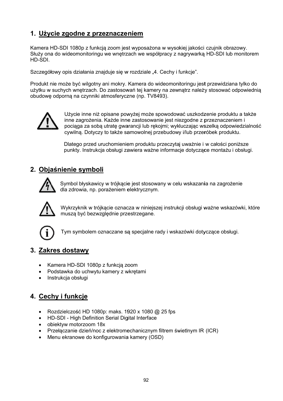 Użyc, Obja, Zakr | Cie zgod, Aśnienie, Res dosta, Hy i funk, Dne z prz, Symboli, Kcje | ABUS TVHD51000 User Manual | Page 92 / 105