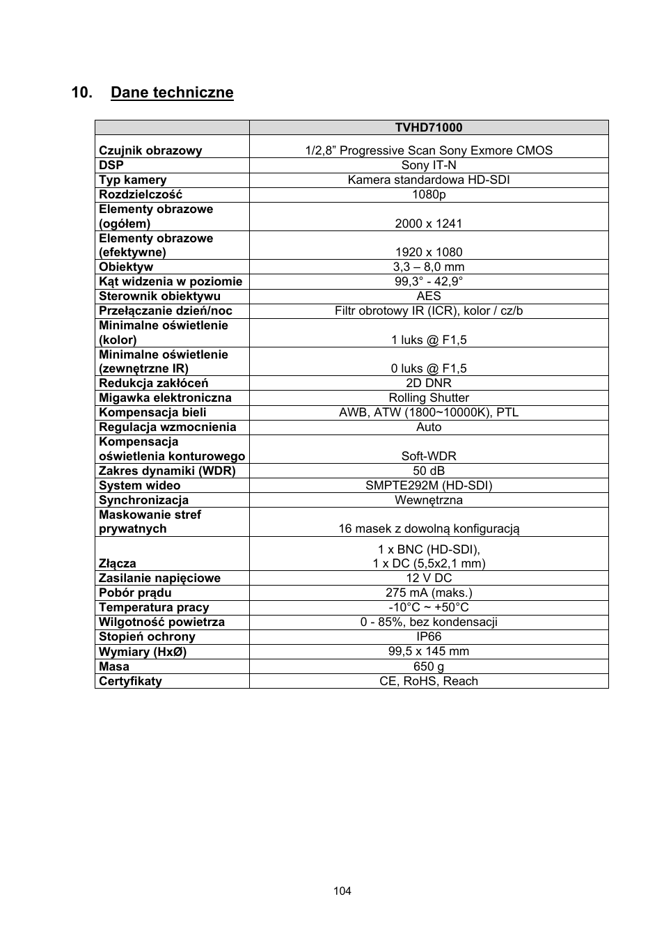 Dane techniczne | ABUS TVHD71000 User Manual | Page 104 / 106