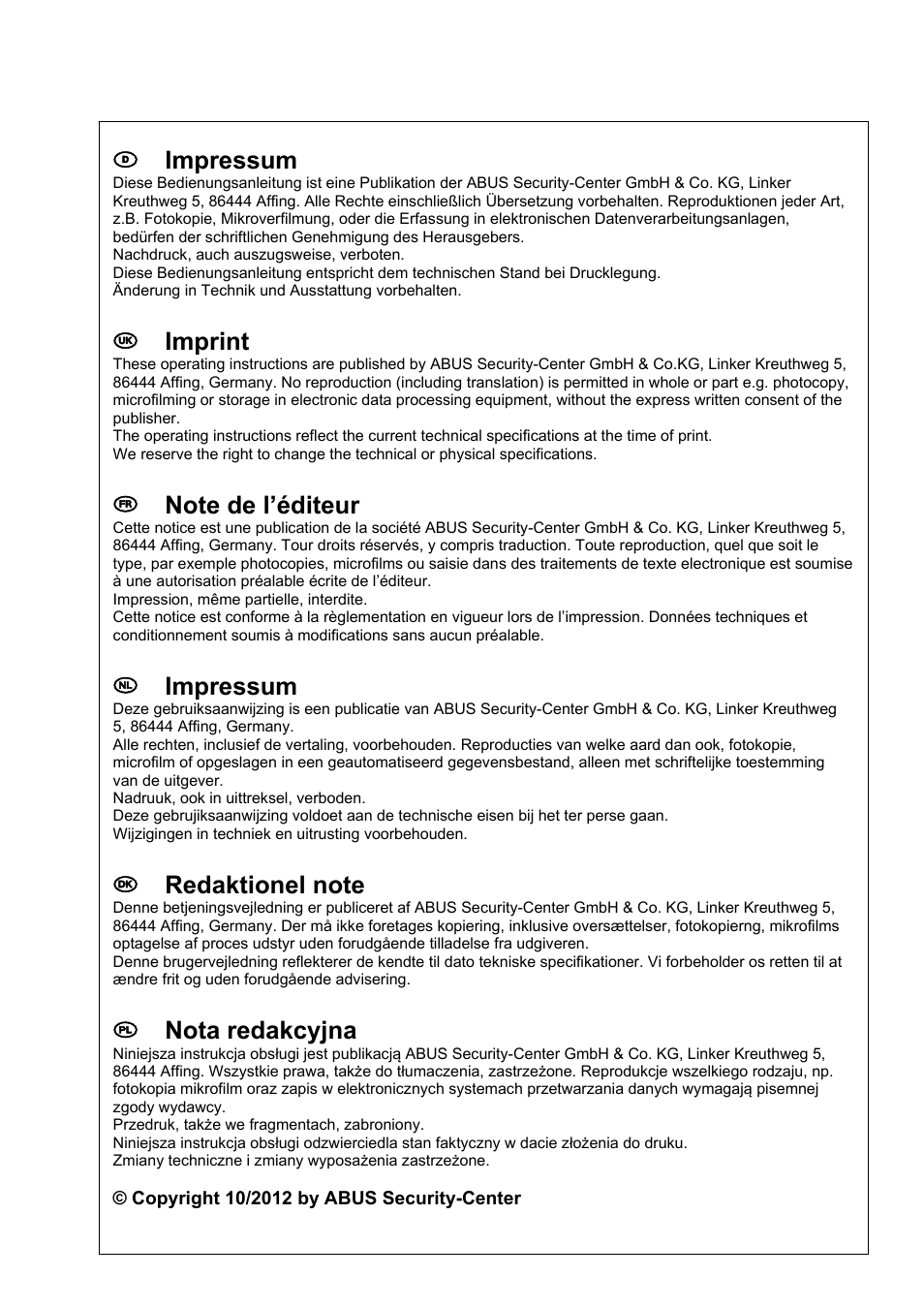 D impressum, Uk imprint, Nl impressum | Pl nota redakcyjna | ABUS TVHD71000 User Manual | Page 106 / 106