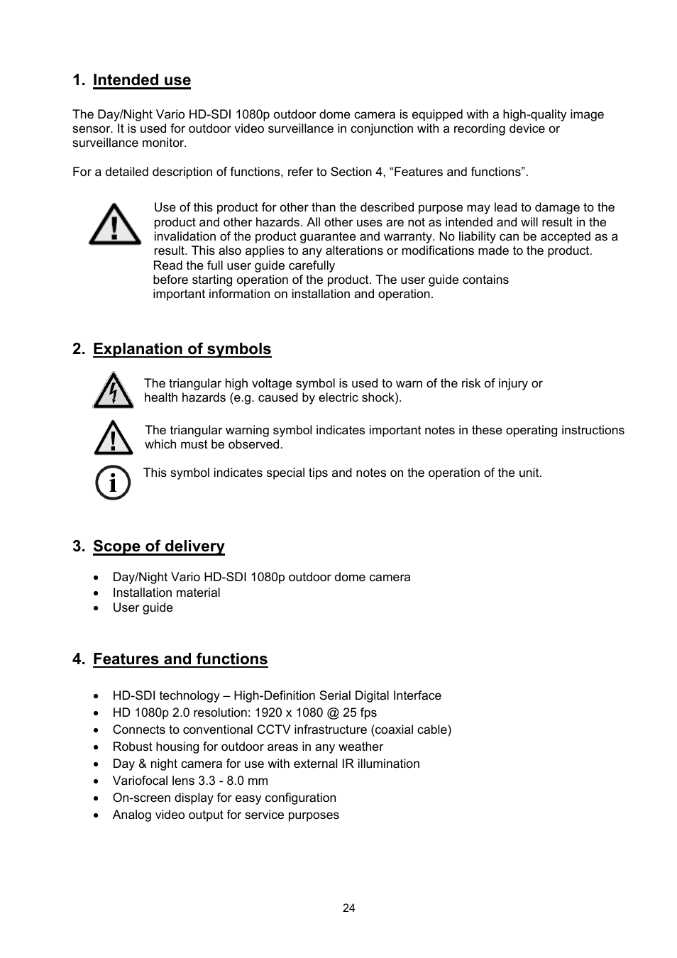 Intended use, Explanation of symbols, Scope of delivery | Features and functions | ABUS TVHD71000 User Manual | Page 24 / 106