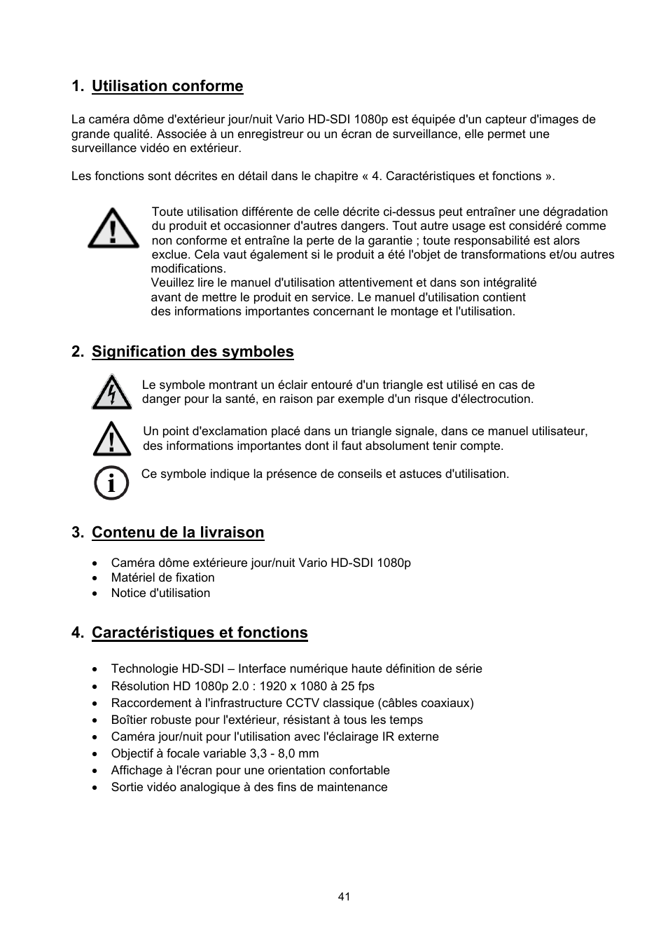 Utilisation conforme, Signification des symboles, Contenu de la livraison | Caractéristiques et fonctions | ABUS TVHD71000 User Manual | Page 41 / 106