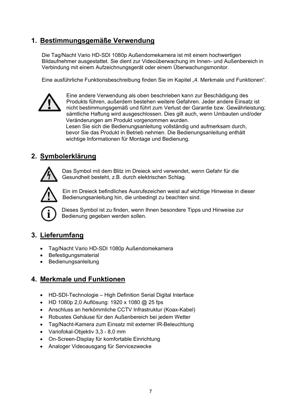 Bestimmungsgemäße verwendung, Symbolerklärung, Lieferumfang | Merkmale und funktionen | ABUS TVHD71000 User Manual | Page 7 / 106