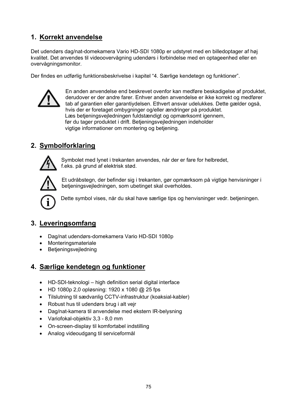 Korrekt anvendelse, Symbolforklaring, Leveringsomfang | Særlige kendetegn og funktioner | ABUS TVHD71000 User Manual | Page 75 / 106