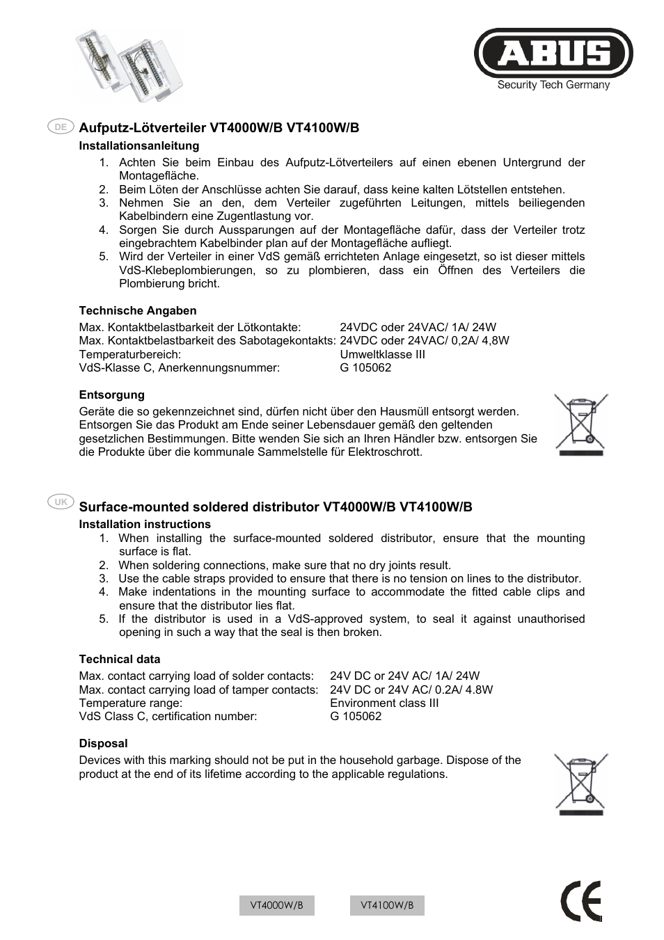 ABUS VT4100 Terminal distributor flush mount, 32-pins User Manual | 4 pages