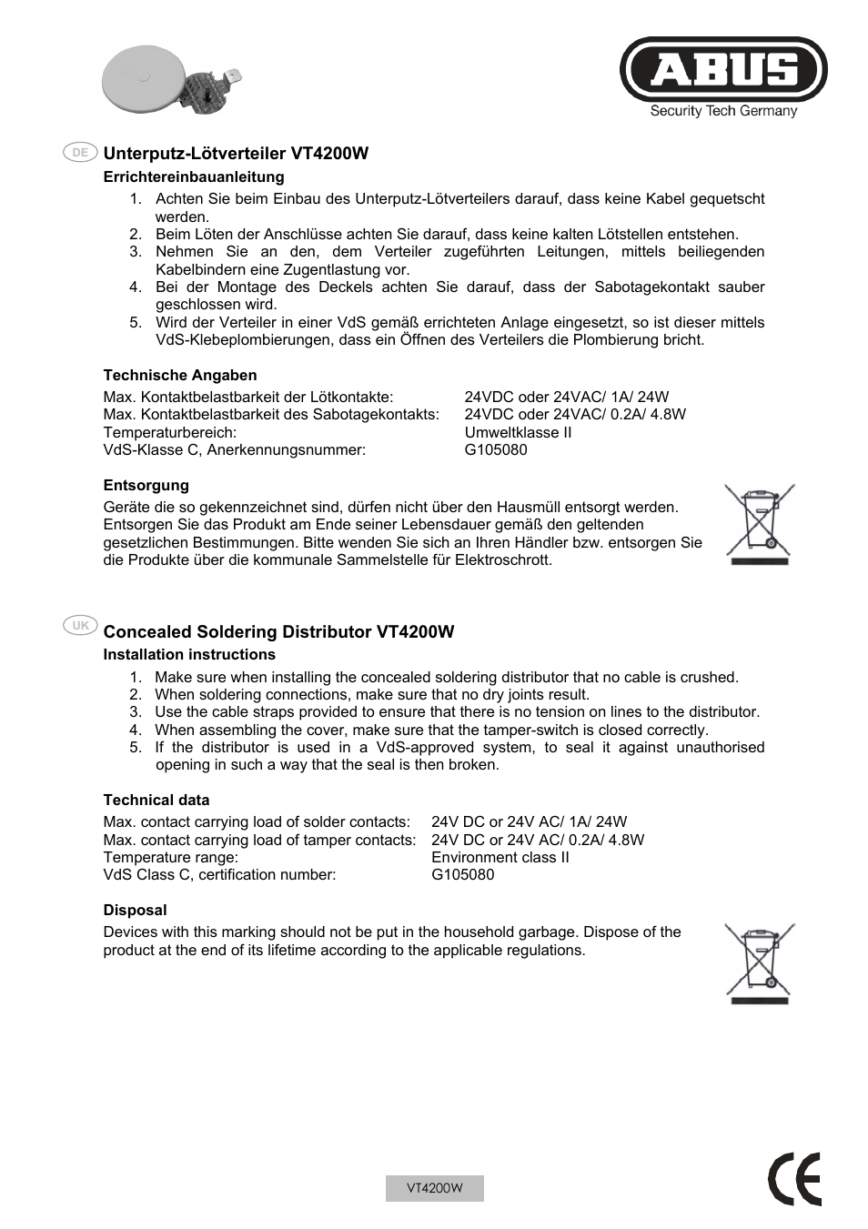 ABUS VT4200 Terminal distributor surface mount User Manual | 4 pages