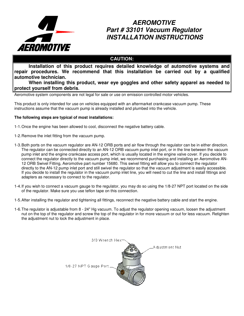 Aeromotive 33101 - VACUUM PUMP REGULATOR User Manual | 1 page