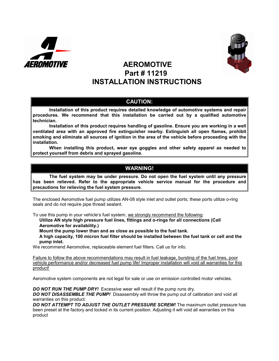 Aeromotive 11219 - H_0 FUEL PUMP - ORB-08 User Manual | 4 pages