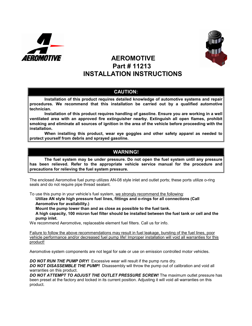 Aeromotive 11213 - SS FUEL PUMP - ORB-08 User Manual | 4 pages