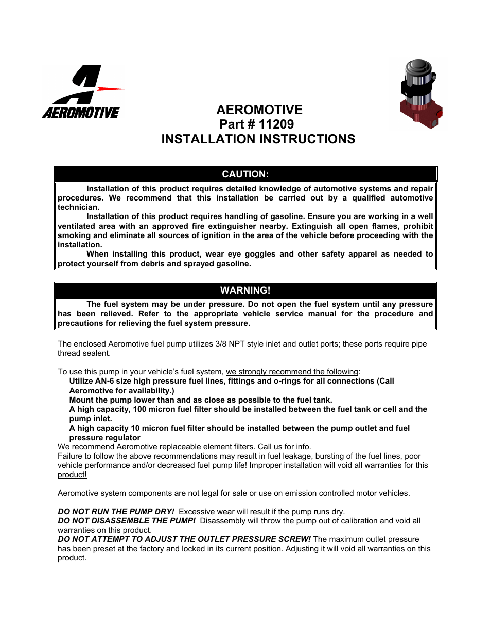 Aeromotive 11259 - PLATINUM SERIES H_0 FUEL PUMP - 3_8 NPT User Manual | 4 pages