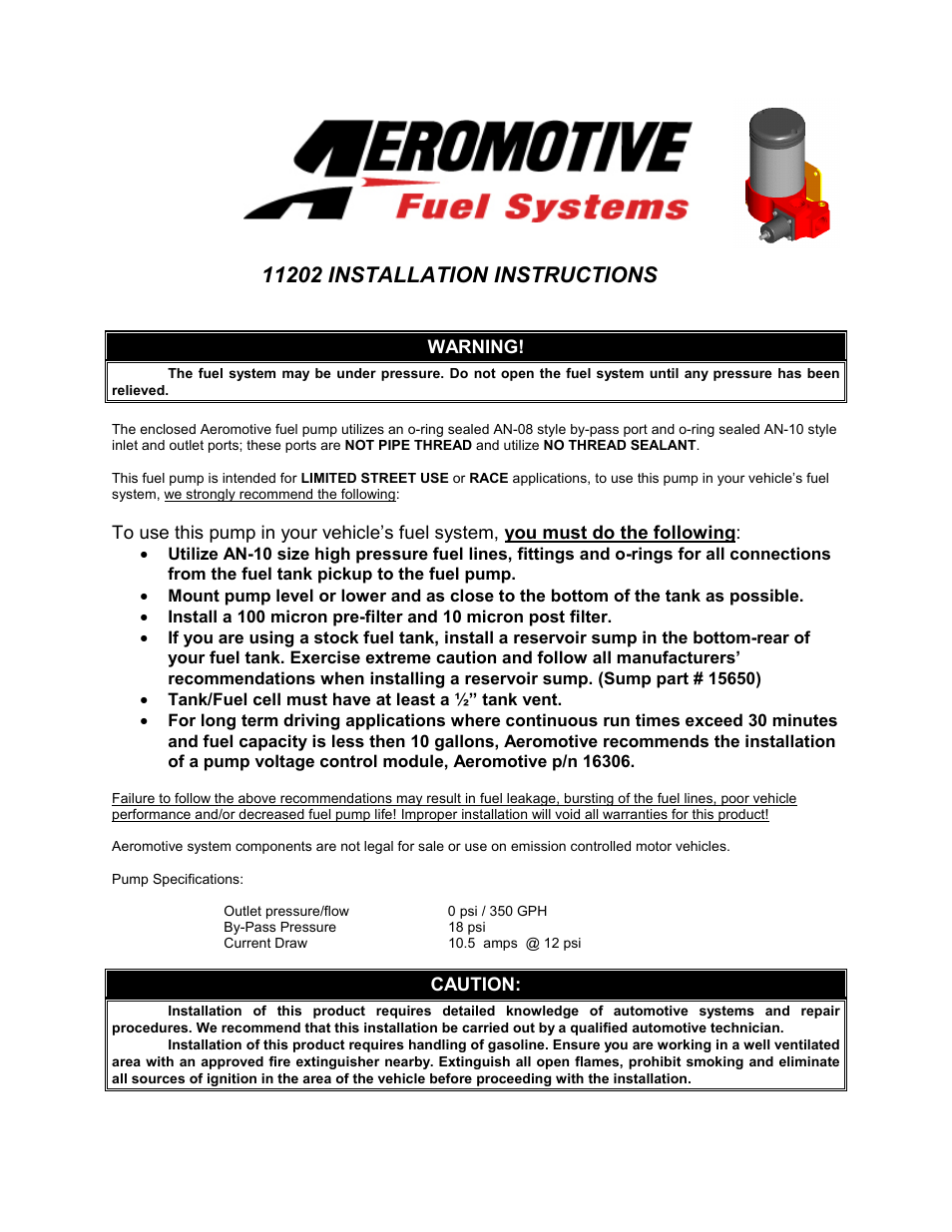 Aeromotive 11202 - A2000 CARBURETED FUEL PUMP User Manual | 5 pages