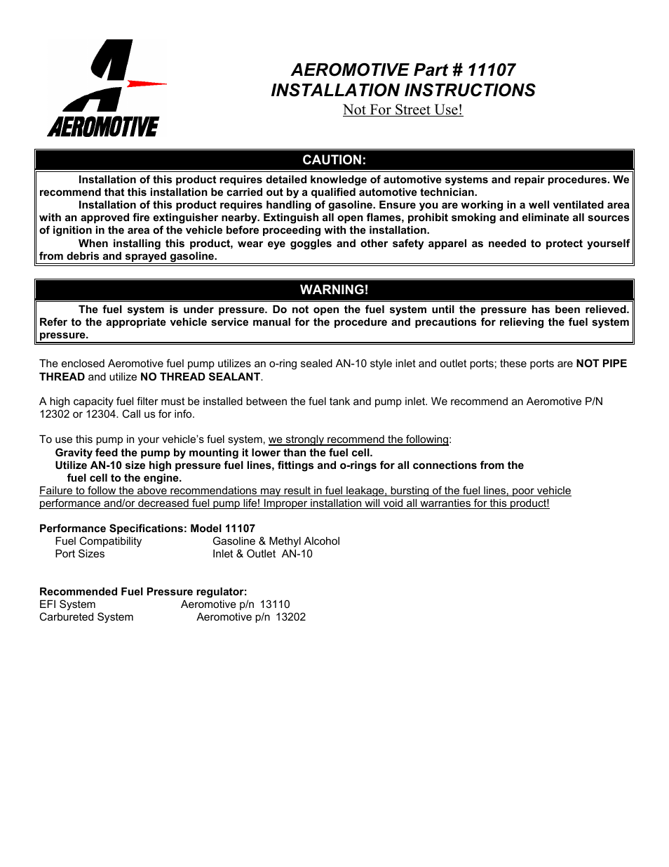 Aeromotive 11107 - BILLET HEX DRIVE FUEL PUMP User Manual | 4 pages