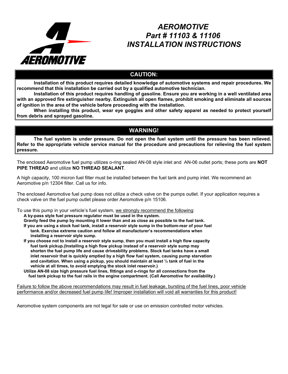 Aeromotive 11156 - PLATINUM SERIES 700 HP FUEL PUMP User Manual | 4 pages